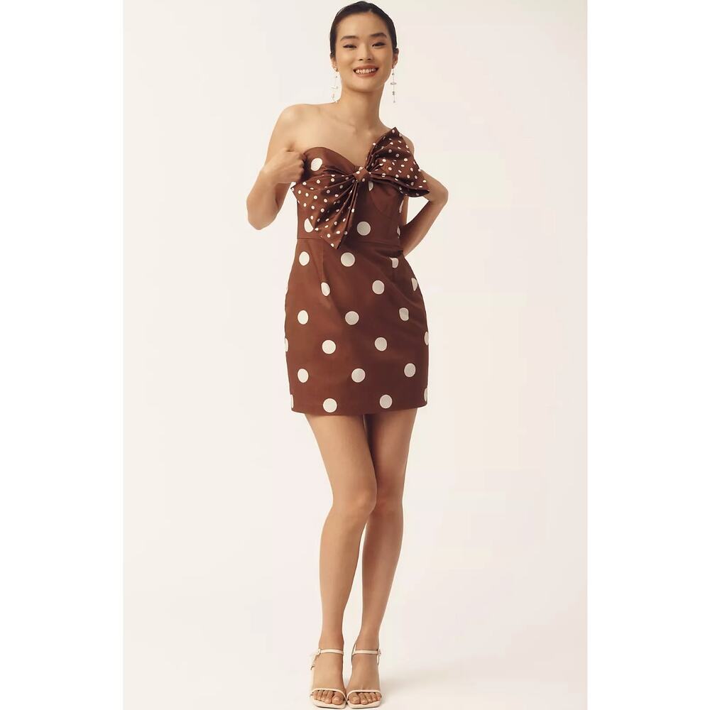 Anthropologie Hutch Strapless Bow Slim Mini Dress in Brown Polka Dot L NWT $218